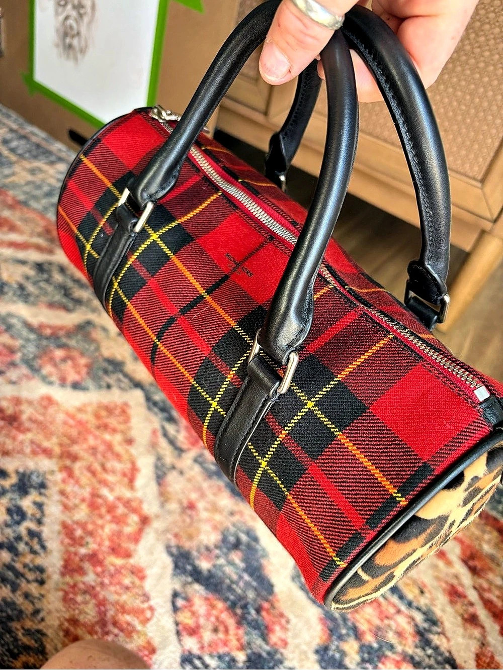 Michael Kors Eva Tartan and Leopard Barrel Bag Red & Black